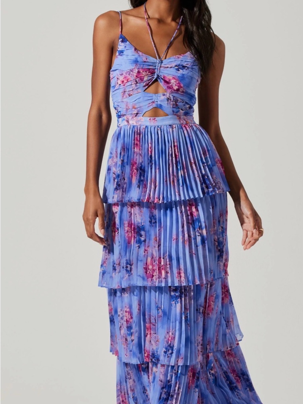 ASTR Periwinkle Daytona Floral Tiered Pleated Maxi Dress